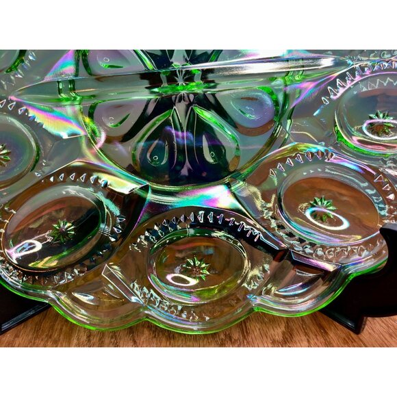 LE Smith Moon and Star Mint Green Carnival Glass Deviled Egg Plate - Picture 7 of 16